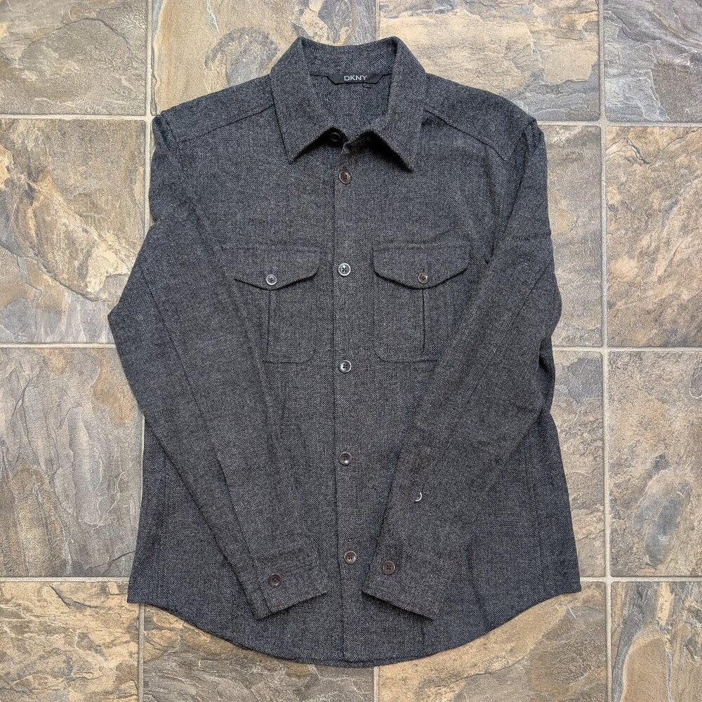 Vintage DKNY Wool Shirt Herringbone Grey Men's size M-L